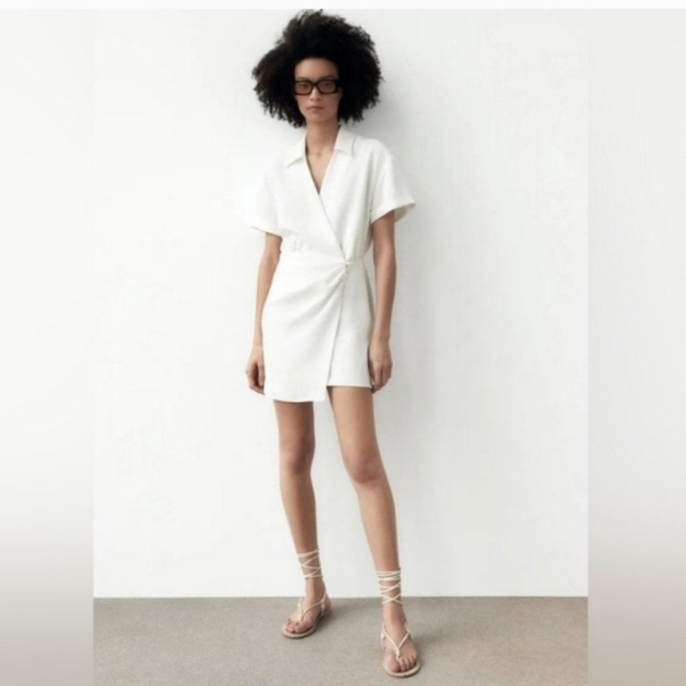 Zara Oyster White Front Wrap Mini Dress NWT